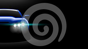 Realistic blue sport car view with on headlights in the dark